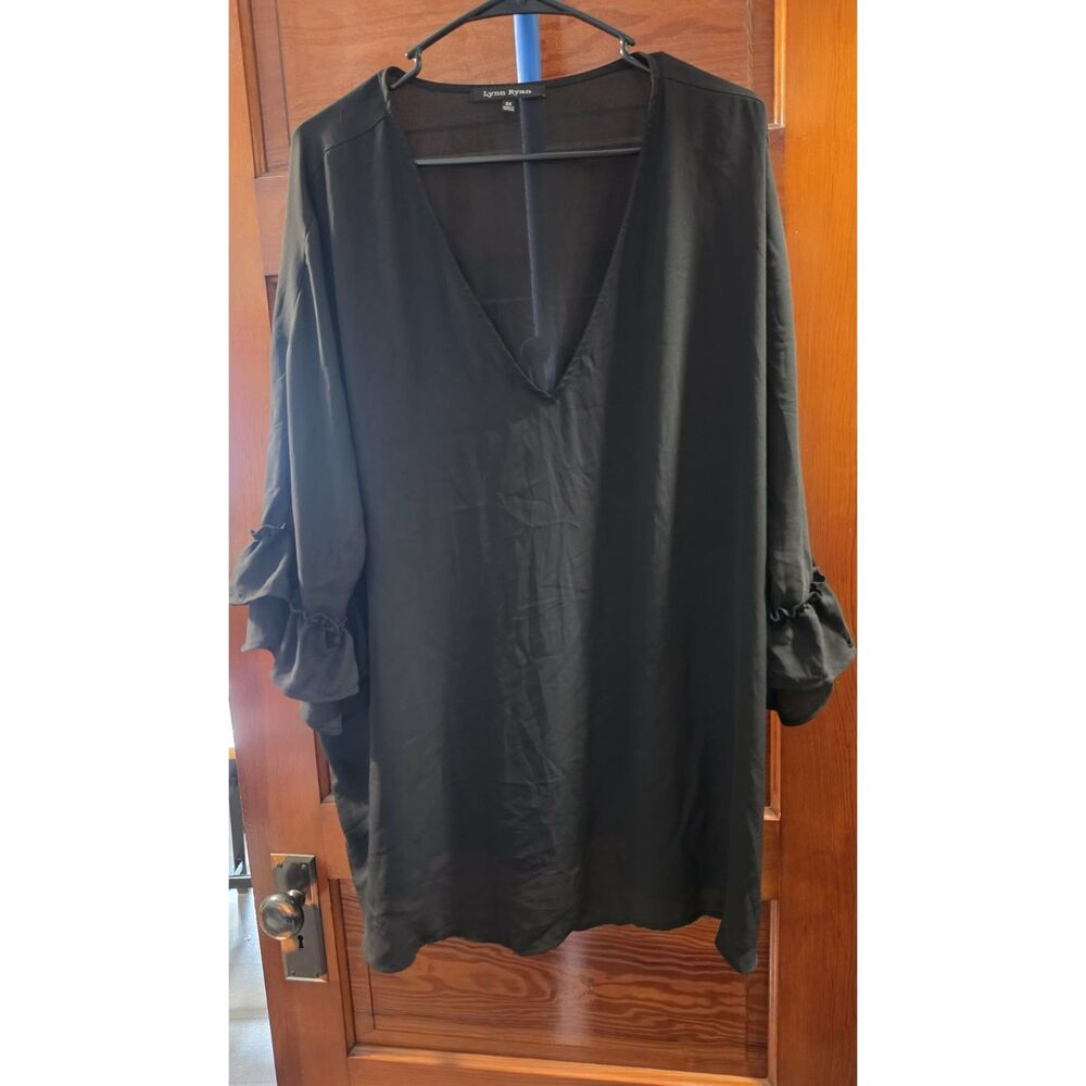 Lynn Ryan Black Blouse Women’s 3X Plus Size V Neck Ruffle Bell Sleeve Tunic